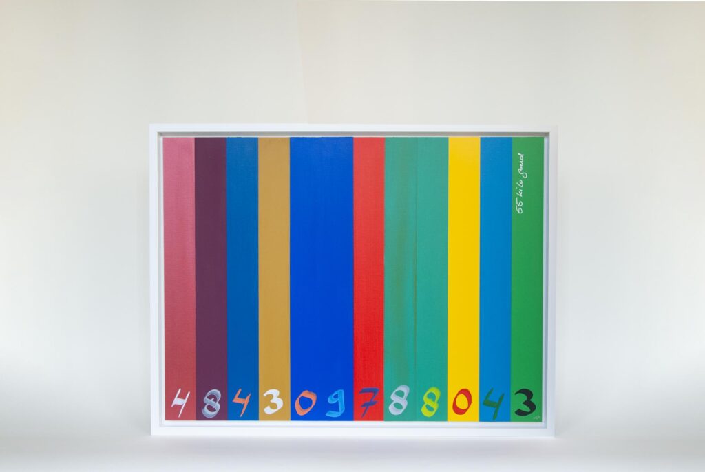 55 kilo goud schilderij, streepjescode kunst kleurrijk strepen
